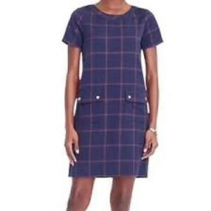 J. Crew Navy Plaid Printed Pocket Dress Size 0 Office Preppy Casual